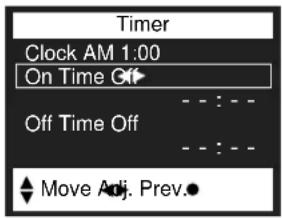 Timer Clock AM 1:00 On Time Off Off Time Off Move Adj. Prev.