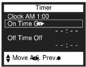 Timer Clock AM 1:00 On Time C# - - : - Off Time Off - - : - Move Adj. Prev.