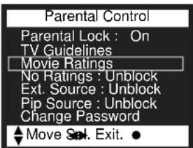 Parental Control Parental Lock : On TV Guidelines Movie Ratings No Ratings : Unblock Ext. Source : Unblock Pip Source : Unblock Change Password Move Sel. Exit. ●