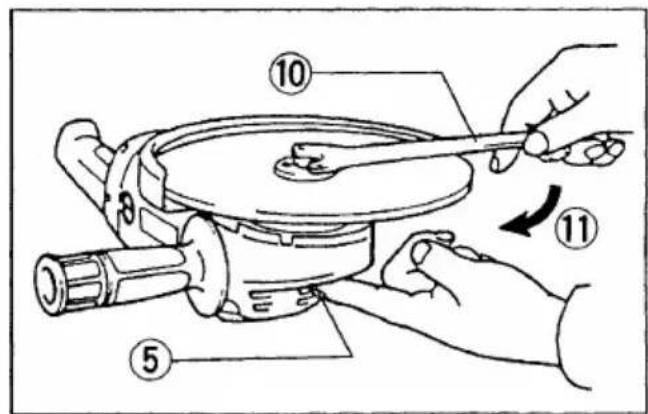 Technical diagram of a mechanical device with numbered parts and directional arrows indicating assembly or operation.