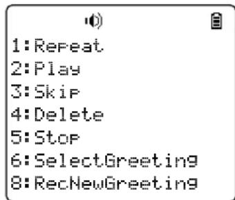 1:Repeat 2:Play 3:Skip 4:Delete 5:Stop 6:SelectGreeting 8:RecNewGreeting