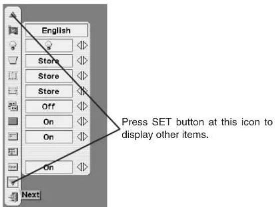 English Store Store Store Off On On On Press SET button at this icon to display other items. Next