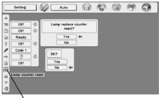 Setting Auto Off Off Ready Off Code 1 Off Lamp replace counter reset? Yes No OK? Yes No Lamp counter reset