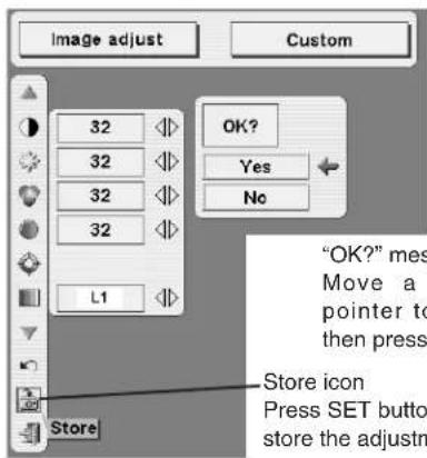 Image adjust Custom 32 32 32 32 L1 OK? Yes No "OK?" mes Move a pointer to then press Store icon Press SET button store the adjustm