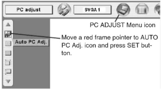 PC adjust SVGA 1 PC ADJUST Menu icon Move a red frame pointer to AUTO PC Adj. icon and press SET button. Auto PC Adj.