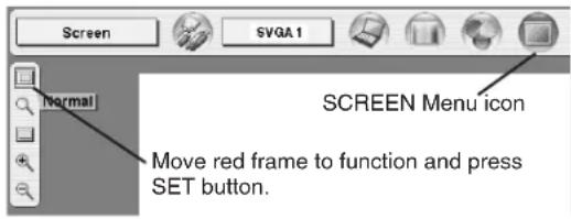 Screen Normal SVGA 1 SCREEN Menu icon Move red frame to function and press SET button.
