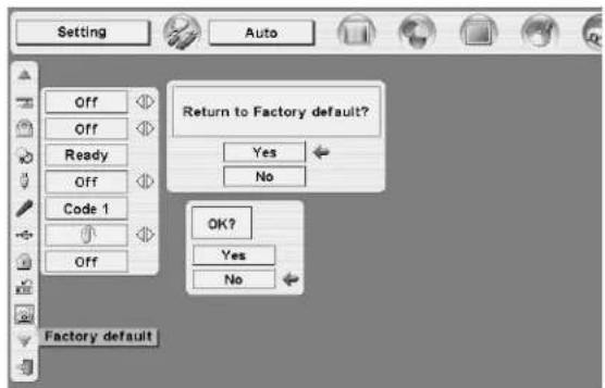 Setting Auto Off Off Ready Off Code 1 Off Return to Factory default? Yes No OK? Yes No Factory default