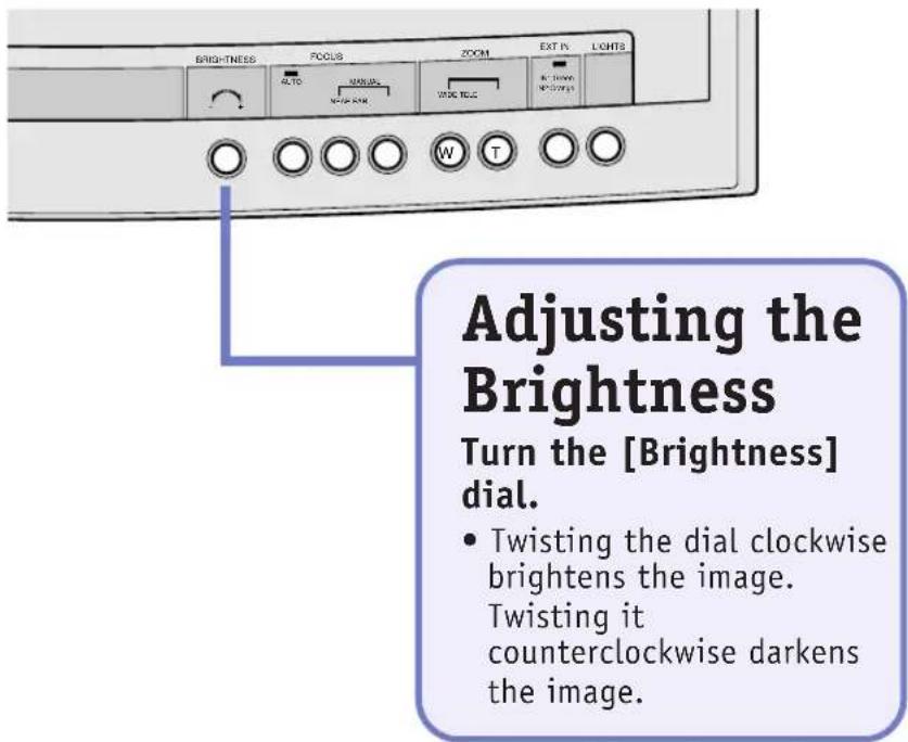 Adjusting the Brightness Turn the [Brightness] dial. • Twisting the dial clockwise brightens the image. Twisting it counterclockwise darkens the image.