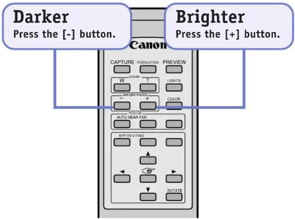Darker Press the [-] button. Canon Brighter Press the [+] button. CAPTURE RESOLUTION PREVIEW ZOOM T LIGHTS BRIGHTNESS COLOR - + FOCUS AUTO NEAR FAR APP REV FWD ROTATE