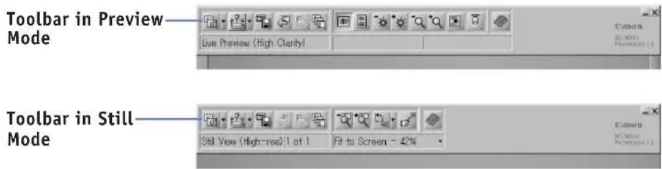 Toolbar in Preview Mode Live Preview (High Clarity) Toolbar in Still Mode Still View (High-red) 1 at 1 Fit to Screen - 42%