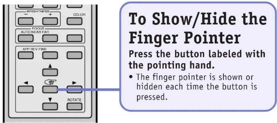 To Show/Hide the Finger Pointer Press the button labeled with the pointing hand. • The finger pointer is shown or hidden each time the button is pressed.