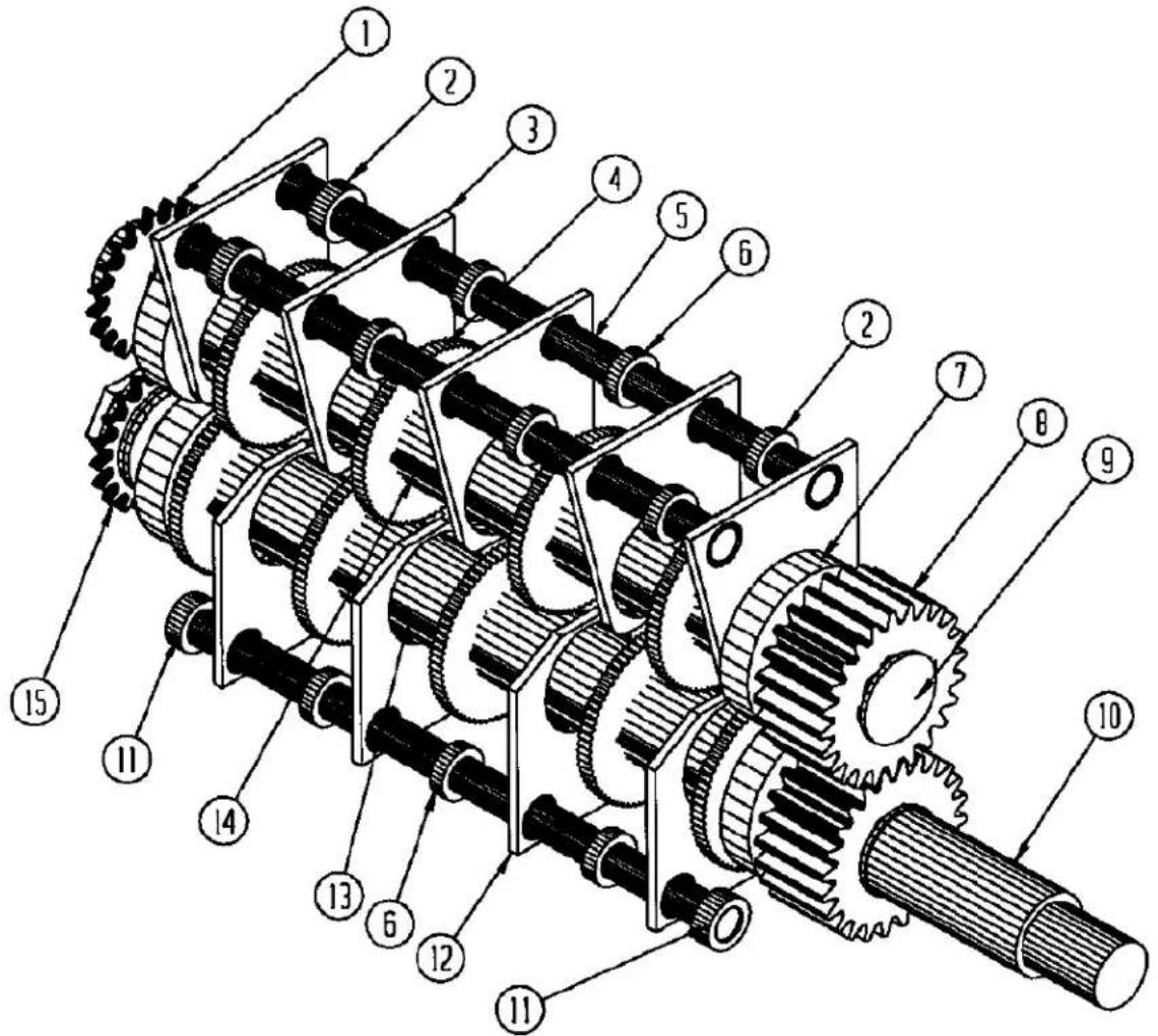 Technical diagram of a mechanical gear assembly with numbered components for identification
