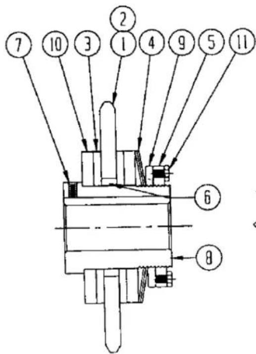 Technical diagram of a mechanical assembly with numbered components and directional arrows indicating flow or movement.