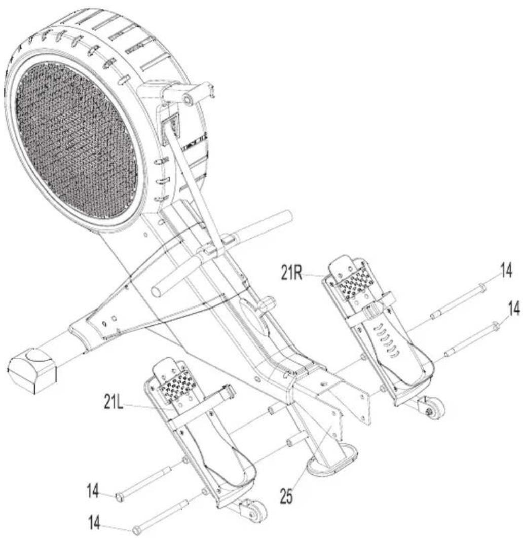 Technical diagram of a mechanical device with labeled parts including 21R, 21L, and 25, alongside numbered parts.