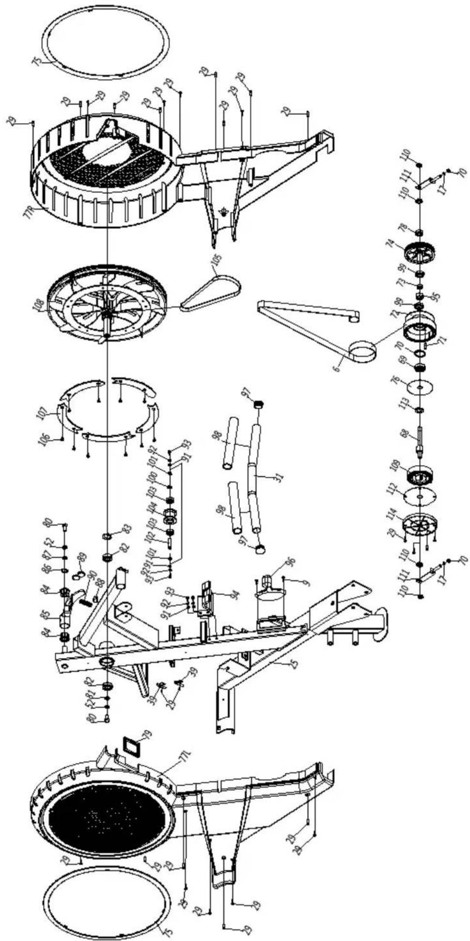 Technical schematic diagram of a mechanical device with numbered components and exploded views