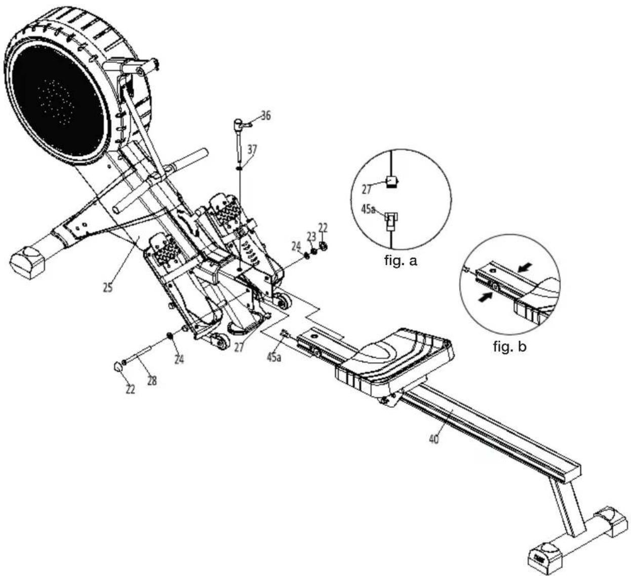 Technical diagram of a mechanical device with numbered components and labeled parts, including figure a and figure b.