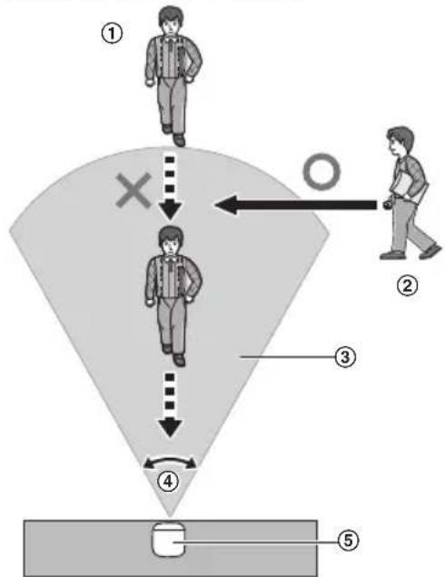 Diagram illustrating a pedestrian crossing safety scenario with labeled steps and directional arrows