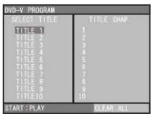 DVD-V PROGRAM SELECT TITLE TITLE 1 TITLE 2 TITLE 3 TITLE 4 TITLE 5 TITLE 6 TITLE 7 TITLE 8 TITLE 9 TITLE10 TITLE CHAP. START : PLAY CLEAR ALL