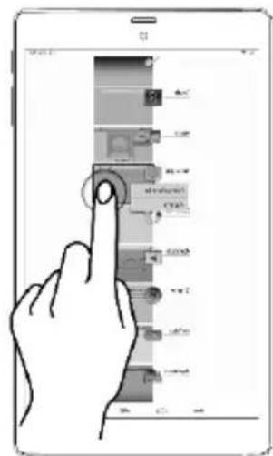 Diagram showing a hand interacting with a smartphone screen displaying app icons and text labels