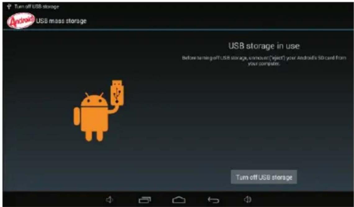 Turn off USB storage Android USB mass storage USB storage in use Before turning off USB storage, amount ("reject") your Android's SD card from your computer. Turn off USB storage