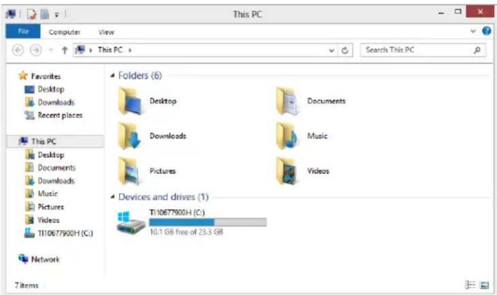 This PC File Computer View Search This PC Favorites Desktop Downloads Recent places This PC Desktop Documents Downloads Music Pictures Videos Ti10677900H (C:) Network 7 items Folders (6) Desktop Documents Downloads Music Pictures Videos Devices and drives (1) Ti10677900H (C:) 10.1 GB free of 23.3 GB