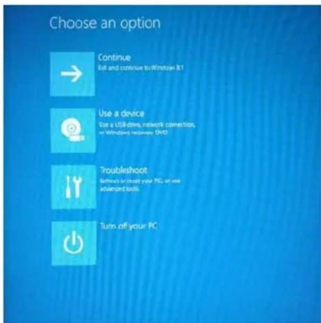 Choose an option Continue Exit and continue to Windows 8.1 Use a device Use a USB drive, network connection, or Windows recovery, DVD Troubleshoot Settful or insert your PC, or use advanced tools Turn off your PC