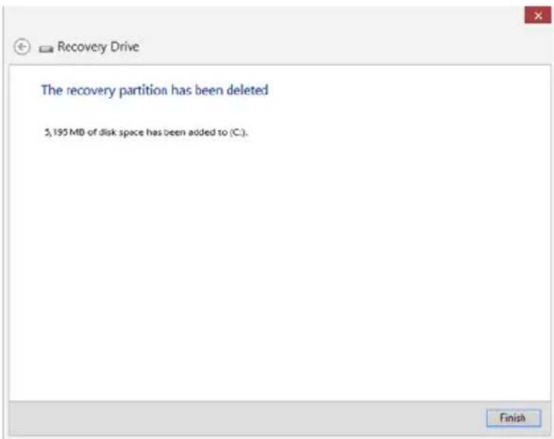 The recovery partition has been deleted 3,195 MB of disk space has been added to (C). Finish