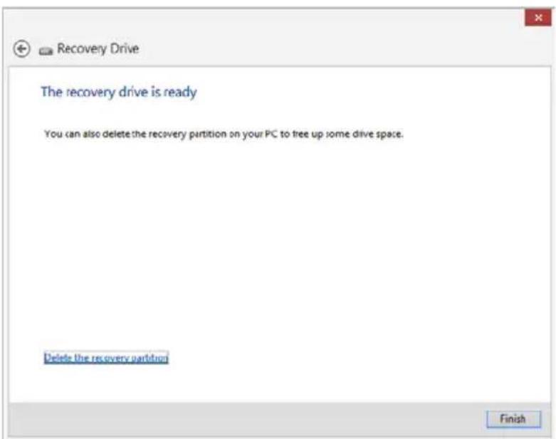 Recovery Drive The recovery drive is ready You can also delete the recovery partition on your PC to free up some drive space. Delete the recovery partition Finish