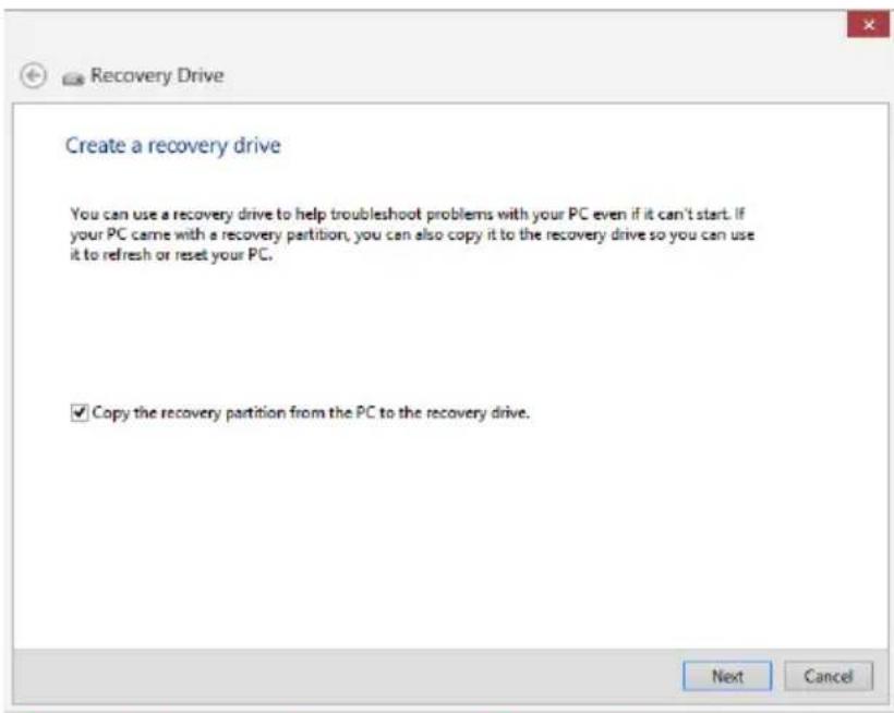Create a recovery drive You can use a recovery drive to help troubleshoot problems with your PC even if it can't start. If your PC came with a recovery partition, you can also copy it to the recovery drive so you can use it to refresh or reset your PC. ✓ Copy the recovery partition from the PC to the recovery drive. Next Cancel