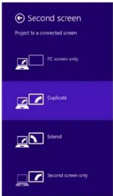 Second screen Project to a connected screen PC screen only Duplicate Extend Second screen only