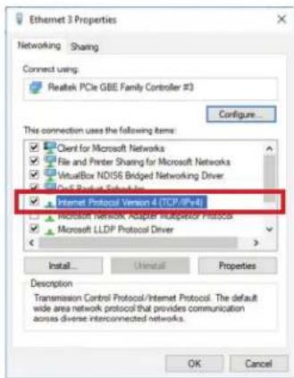 Ethernet 3 Properties Networking Sharing Connect using: Realtek PCIe GBE Family Controller #3 Configure... This connection uses the following items: ✓ Client for Microsoft Networks ✓ File and Printer Sharing for Microsoft Networks ✓ VirtualBox NDIS6 Bridged Networking Driver ✓ One-Board Protocol ✓ Internet Protocol Version 4 (TCP/IPv8) ✓ Network Protocol Adapter Multiplexer Protocol ✓ Microsoft LLDP Protocol Driver Install... Uninstall... Properties Description Transmission Control Protocol/Internet Protocol. The default wide area network protocol that provides communication across diverse interconnected networks. OK Cancel