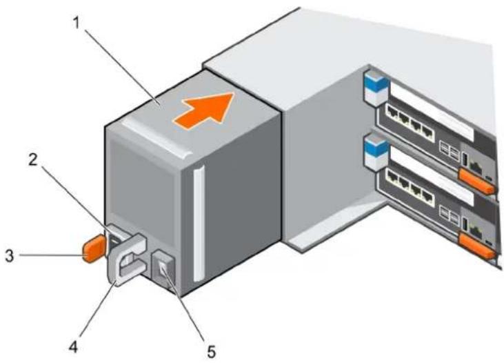 Diagram of a server rack with labeled components including ports, connectors, and an orange arrow indicating a specific connection point.