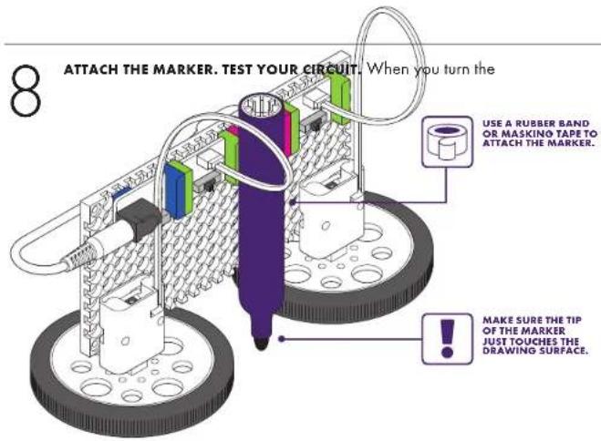 8 ATTACH THE MARKER. TEST YOUR CIRCUIT. When you turn the USE A RUBBER BAND OR MASKING TAPE TO ATTACH THE MARKER. MAKE SURE THE TIP OF THE MARKER JUST TOUCHES THE DRAWING SURFACE.