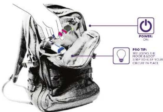 POWER: ON PRO TIP: TRY USING THE HOOK & LOOP STRIP TO KEEP YOUR CIRCUIT IN PLACE.