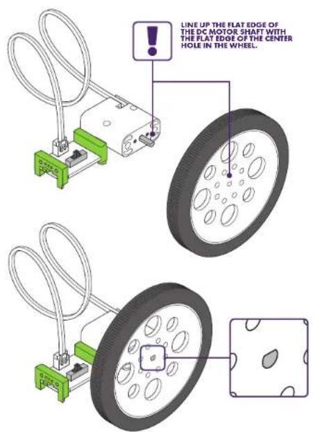 LINE UP THE FLAT EDGE OF THE DC MOTOR SHAFT WITH THE FLAT EDGE OF THE CENTER HOLE IN THE WHEEL. NOTE 100 NOTE 100