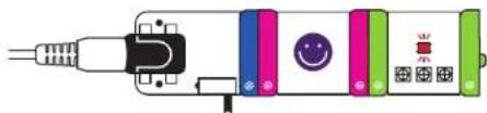 Diagram of a device with labeled components including plug, connector, and indicator lights