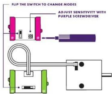 FLIP THE SWITCH TO CHANGE MODES ADJUST SENSITIVITY WITH PURPLE SCREWDRIVER