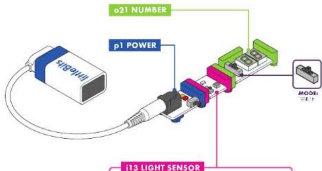 o21 NUMBER p1 POWER i3 LIGHT SENSOR MODE: VOLT