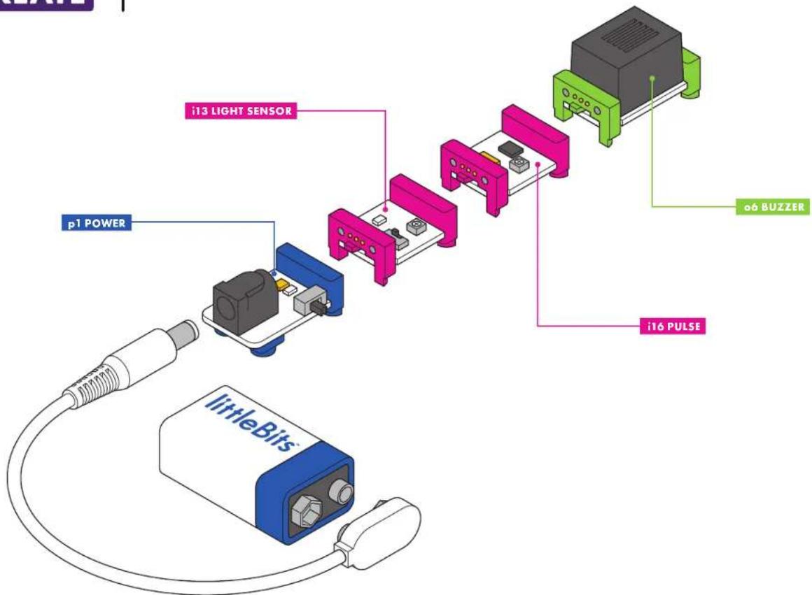 i13 LIGHT SENSOR p1 POWER o6 BUZZER i16 PULSE littleBits