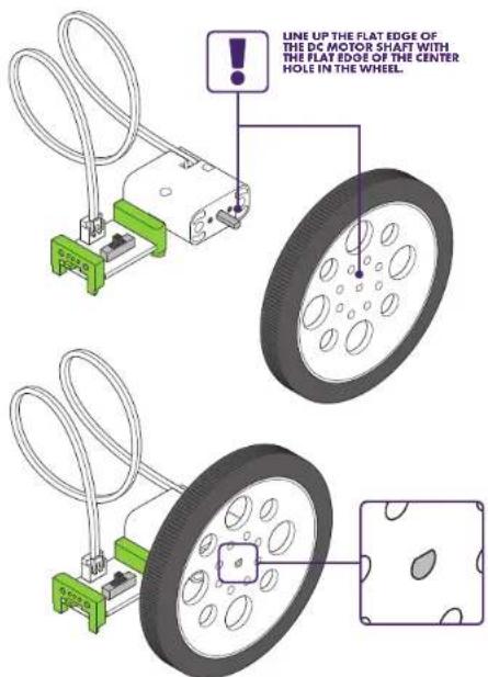 LINE UP THE FLAT EDGE OF THE DC MOTOR SHAFT WITH THE FLAT EDGE OF THE CENTER HOLE IN THE WHEEL.