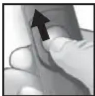 Close-up of a hand holding a cylindrical object with an arrow pointing upward (no text or symbols visible)