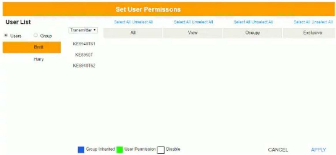 Set User Permissions User List Transmitter Select All Unselect All Select All Unselect All Select All Unselect All Select All Unselect All All View Occupy Exclusive Users Group Brett Hurry KE6940T61 KE8950T KE6940T62 Group Inherited User Permission Disable CANCEL APPLY