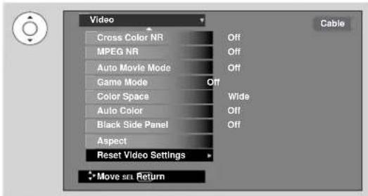 Video Cross Color NR Off MPEG NR Off Auto Movie Mode Off Game Mode Off Color Space Wide Auto Color Off Black Side Panel Off Aspect Reset Video Settings Move set Return Cable