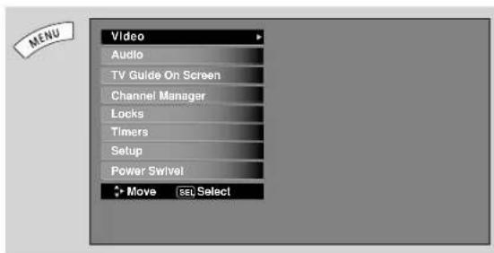 MENU Video Audio TV Guide On Screen Channel Manager Locks Timers Setup Power Swivel Move set Select
