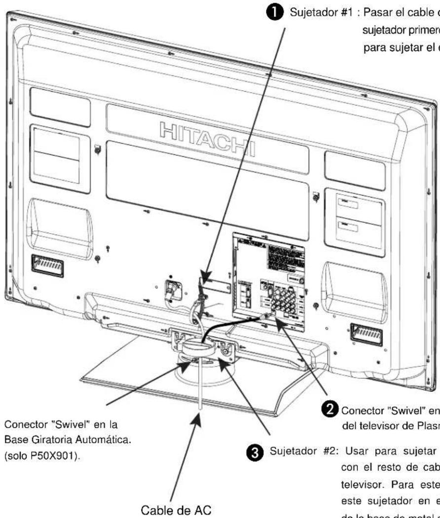 Sujetador #1 : Pasar el cable o sujetador primero para sujetar el c HITACHI Conector "Swivel" en la Base Giratoria Automática. (solo P50X901). Cable de AC Conector "Swivel" en del televisor de Plasr Sujetador #2: Usar para sujetar con el resto de cab televisor. Para este este sujetador en e de la base de metal c