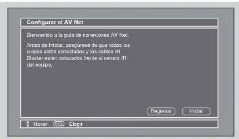 Configurar el AV Net Bienverido a la guía de cortesones AV Net. Anles de Iniciar, asegurarse de que todos los empas están conectados y los cablos IR. Diaster estar colocados frente al sensor IR del equipo. Rejuresar Indiar Mover Elegir