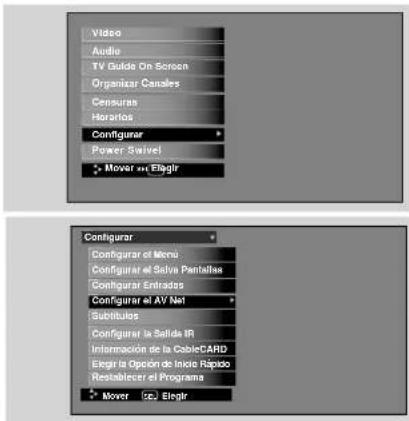 Video Audio TV Guide On Screen Organizar Canales Censuras Horarios Configurar Power Swivel Mover M+1 Elagir Configurar Configurar el Menu Configurar el Salva Pantallas Configurar Entrados Configurar el AV Net Substitulos Configurar la Salida IR Informacion de la CableCARD Elegir la Opión de Inicio Rápido Restablecer el Programa Mover M+2 Elegir