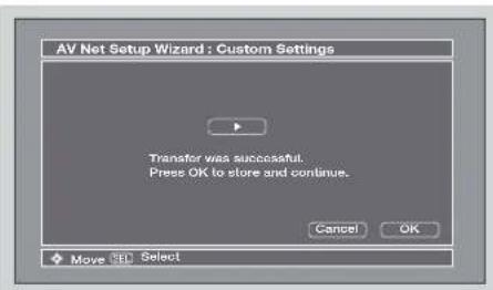 AV Net Setup Wizard : Custom Settings Transfer was successful. Press OK to store and continue. Cancel OK Move 361 Select