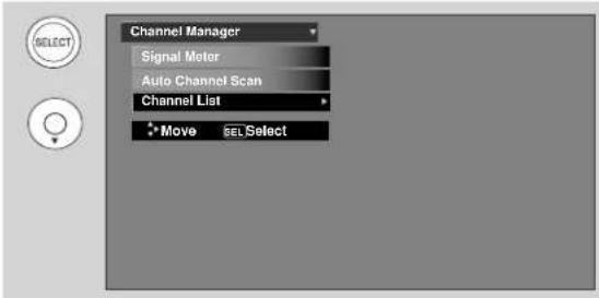 Channel Manager Signal Meter Auto Channel Scan Channel List Move SEL Select