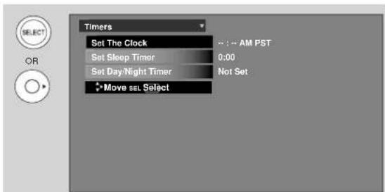 Timers Set The Clock Set Sleep Timer Set Day/Night Timer Move sal Select → : → AM PST 0:00 Not Set